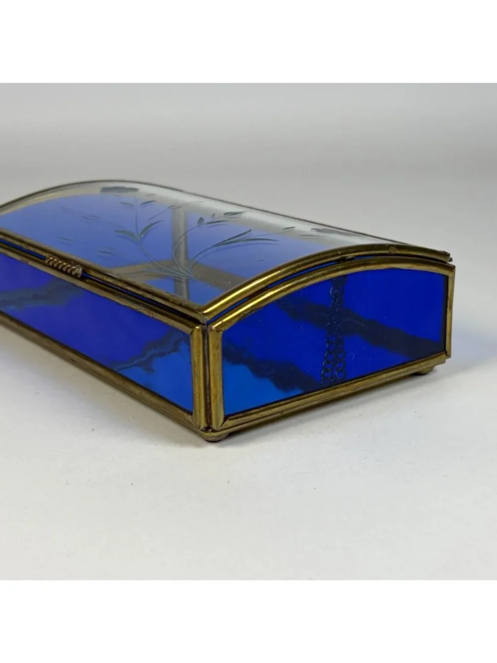 Vintage Blue Glass Jewelry Trinket Box Brass Trim Hinged Lid